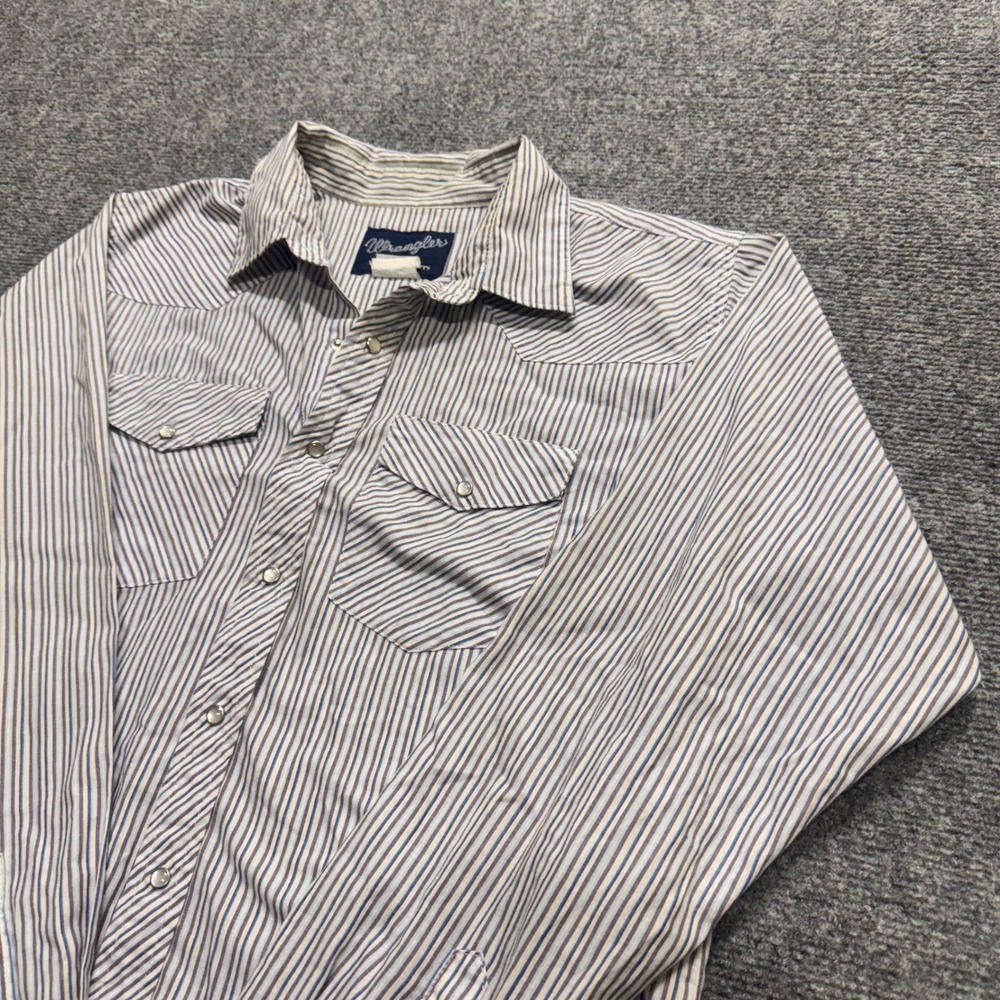 VTG Wrangler Pearl Snap Button Up Shirt Mens M Striped White Lightweight